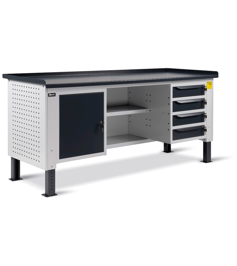 Stalen werkbank hoogteverstelbaar met achterwand, perfo panelen en 2 ladenblokken WORK2014 0